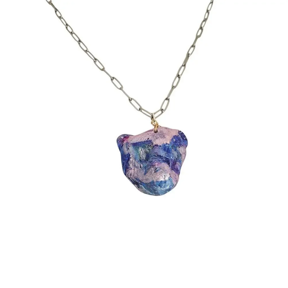 Abstract Iridescent Blue Purple Pendant Air Dry Clay Bear Necklace